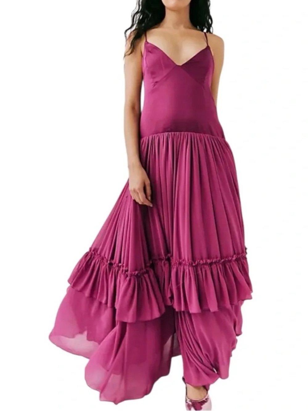 Free People Soliana Plum Drop Waist Tiered Maxi Dress Medium Excellent Condition - Picture 3 of 11